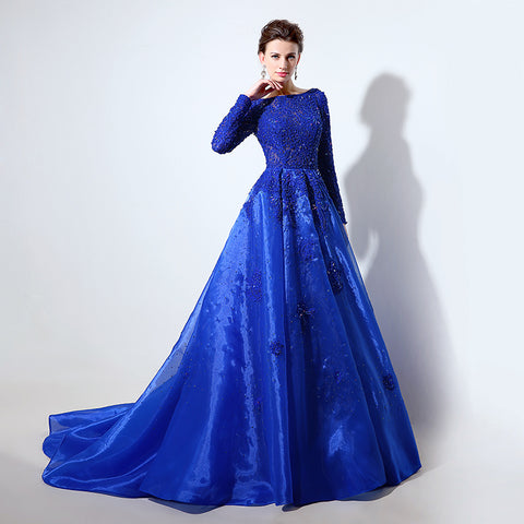Royal Blue Embellished Boat - Neck Long - Sleeve Ball - Gown Prom Dress, LX045