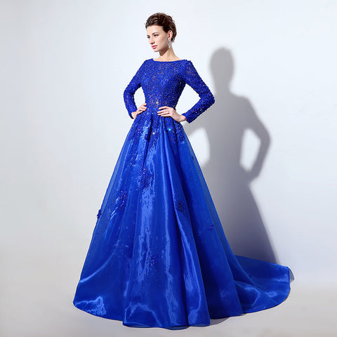 Royal Blue Embellished Boat - Neck Long - Sleeve Ball - Gown Prom Dress, LX045