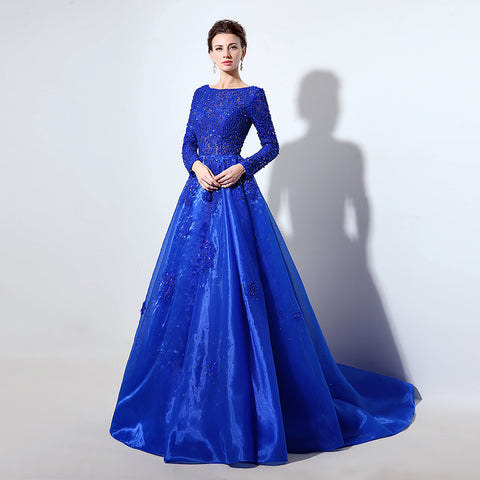 Royal Blue Embellished Boat - Neck Long - Sleeve Ball - Gown Prom Dress, LX045