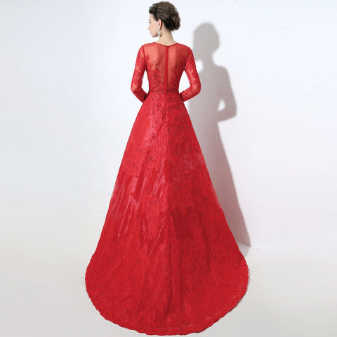 Red Embellished Illusion - Neck Long - Sleeve Tulle Prom Dress, LX046