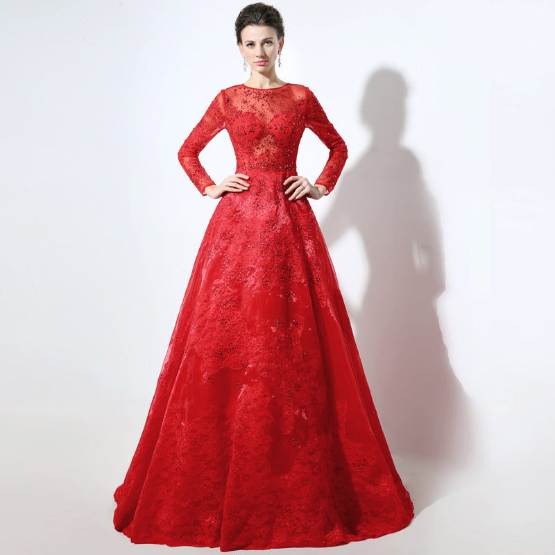 Red Embellished Illusion - Neck Long - Sleeve Tulle Prom Dress, LX046