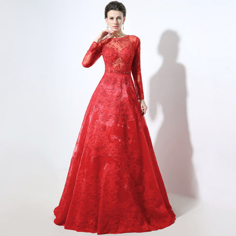 Red Embellished Illusion - Neck Long - Sleeve Tulle Prom Dress, LX046