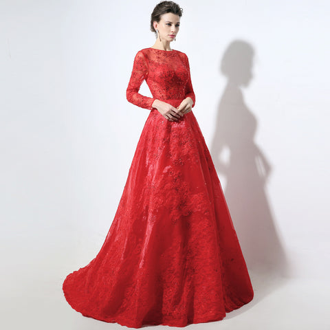 Red Embellished Illusion - Neck Long - Sleeve Tulle Prom Dress, LX046