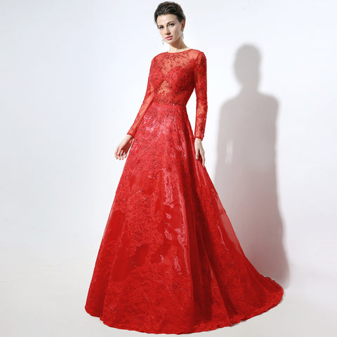 Red Embellished Illusion - Neck Long - Sleeve Tulle Prom Dress, LX046
