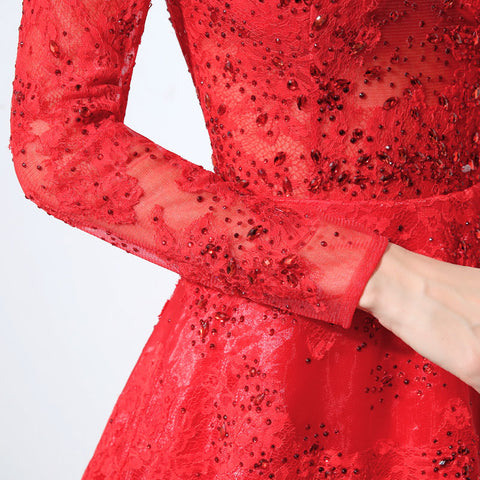 Red Embellished Illusion - Neck Long - Sleeve Tulle Prom Dress, LX046