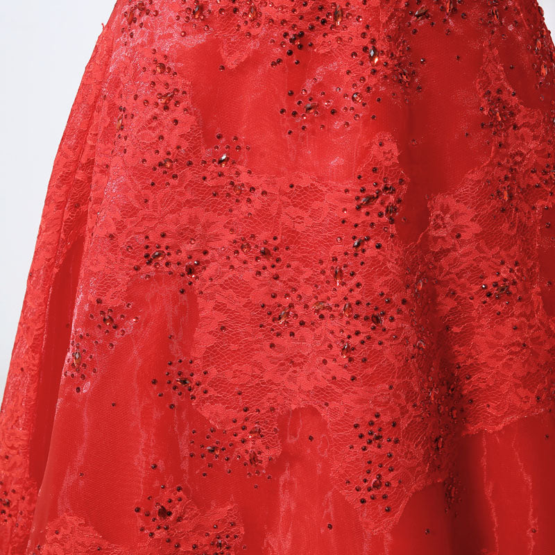 Red Embellished Illusion - Neck Long - Sleeve Tulle Prom Dress, LX046