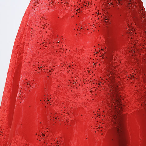 Red Embellished Illusion - Neck Long - Sleeve Tulle Prom Dress, LX046