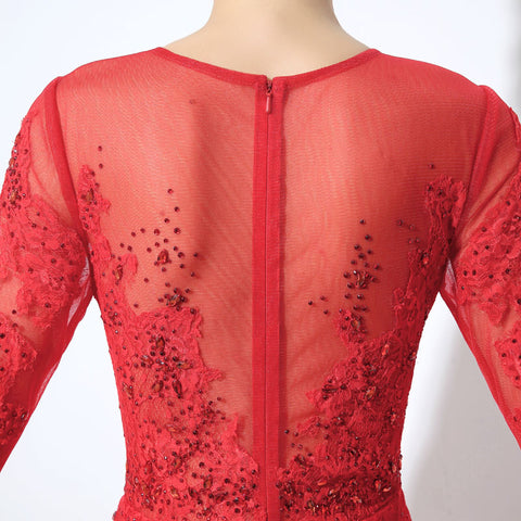 Red Embellished Illusion - Neck Long - Sleeve Tulle Prom Dress, LX046