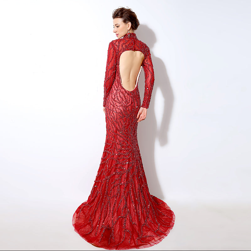 Stunning Long - Sleeved High - Neck Red Mermaid Gown with Sequin Embellishments Prom Dress,LX047