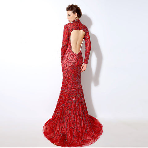 Stunning Long - Sleeved High - Neck Red Mermaid Gown with Sequin Embellishments Prom Dress,LX047