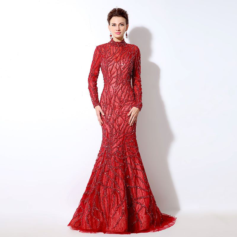 Stunning Long - Sleeved High - Neck Red Mermaid Gown with Sequin Embellishments Prom Dress,LX047