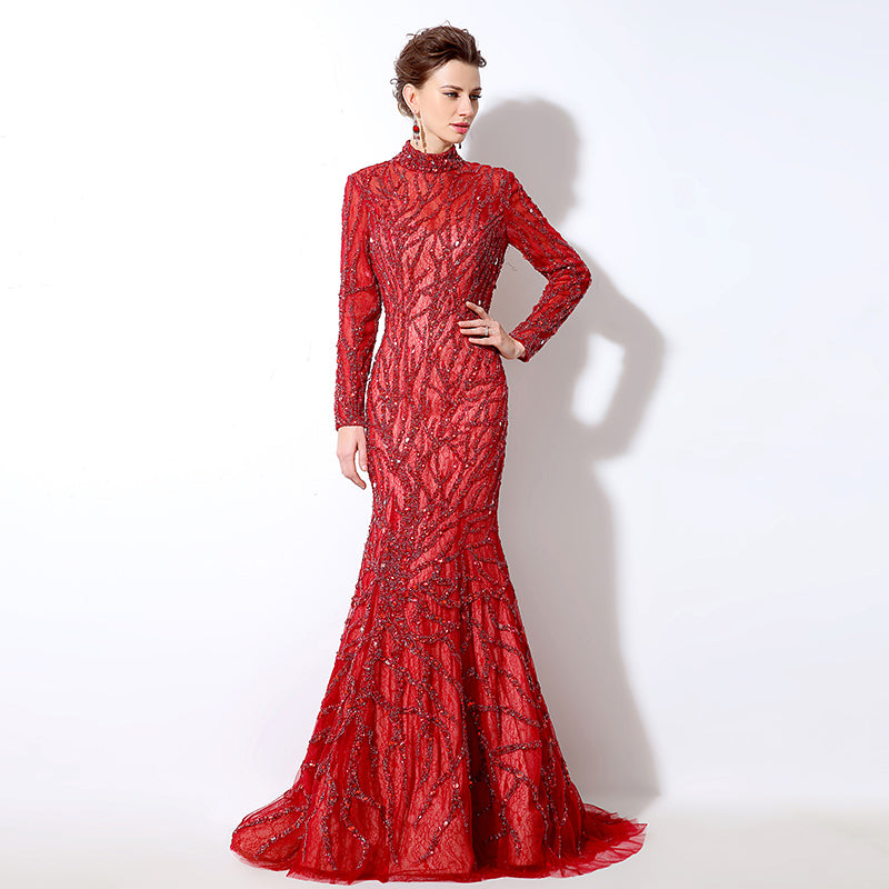 Stunning Long - Sleeved High - Neck Red Mermaid Gown with Sequin Embellishments Prom Dress,LX047