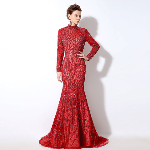 Stunning Long - Sleeved High - Neck Red Mermaid Gown with Sequin Embellishments Prom Dress,LX047