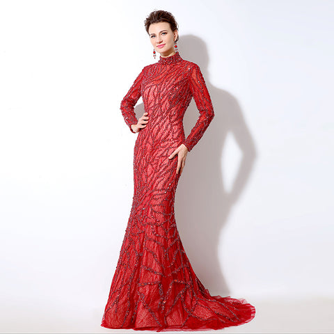 Stunning Long - Sleeved High - Neck Red Mermaid Gown with Sequin Embellishments Prom Dress,LX047