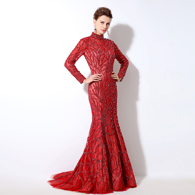 Stunning Long - Sleeved High - Neck Red Mermaid Gown with Sequin Embellishments Prom Dress,LX047