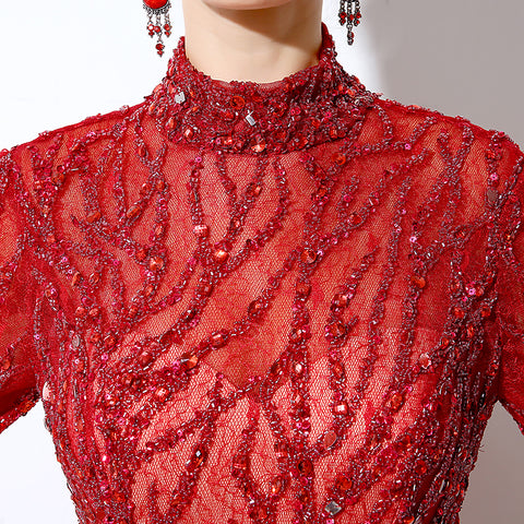 Stunning Long - Sleeved High - Neck Red Mermaid Gown with Sequin Embellishments Prom Dress,LX047