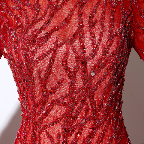 Red Embellished High - Neck Long - Sleeve Open - Back Mermaid Prom Dress, LX047