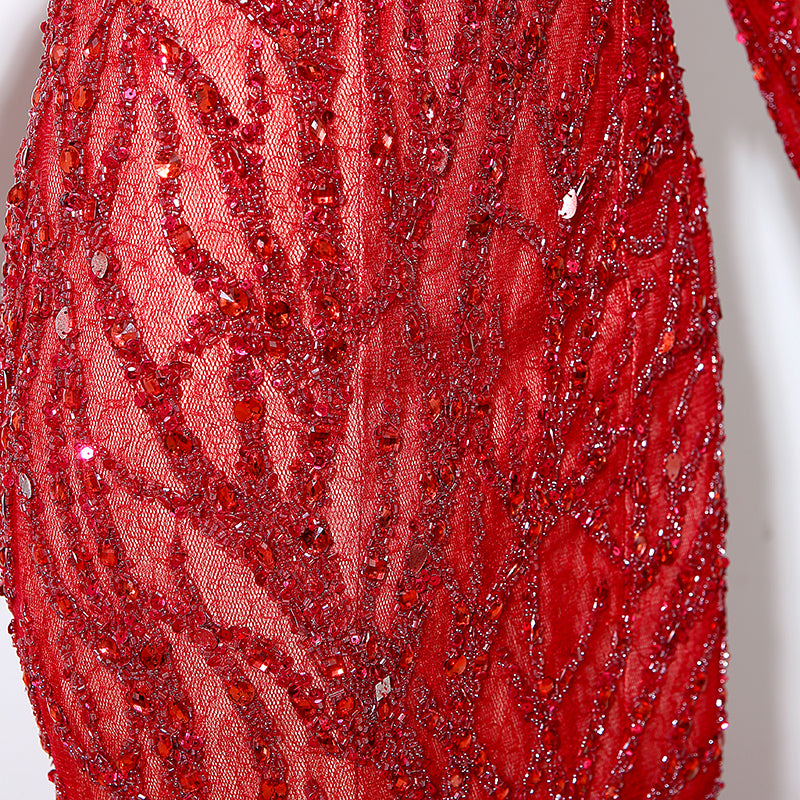 Stunning Long - Sleeved High - Neck Red Mermaid Gown with Sequin Embellishments Prom Dress,LX047
