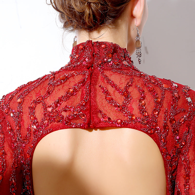 Stunning Long - Sleeved High - Neck Red Mermaid Gown with Sequin Embellishments Prom Dress,LX047