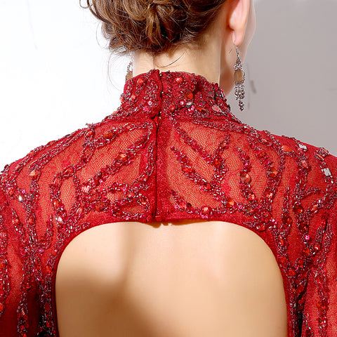 Stunning Long - Sleeved High - Neck Red Mermaid Gown with Sequin Embellishments Prom Dress,LX047