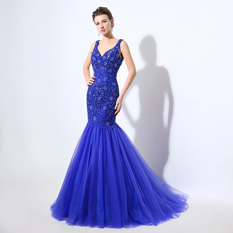 Glamorous Sleeveless Blue Mermaid Gown with Sparkling Sequin Embellishments Prom Dress,LX049