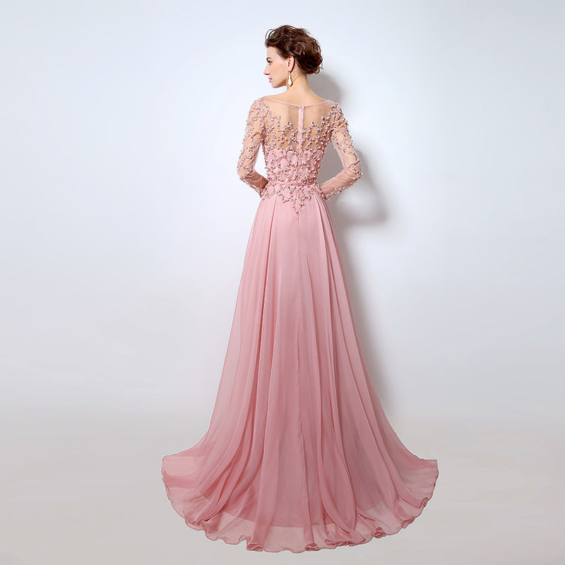 Romantic Long - Sleeved Pink Gown with Embroidered Bodice and Flowing Tulle Prom Dress,LX051