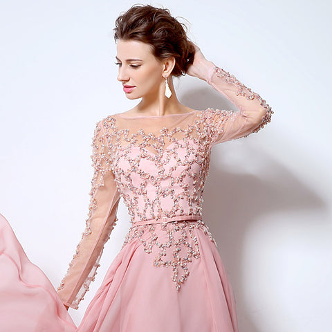 Romantic Long - Sleeved Pink Gown with Embroidered Bodice and Flowing Tulle Prom Dress,LX051
