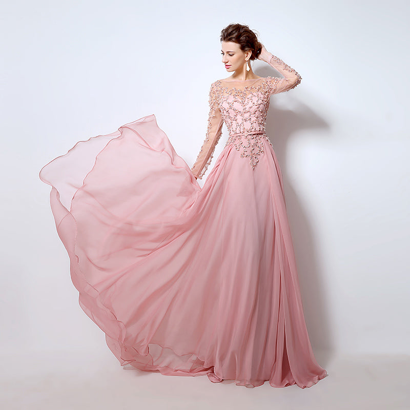 Romantic Long - Sleeved Pink Gown with Embroidered Bodice and Flowing Tulle Prom Dress,LX051