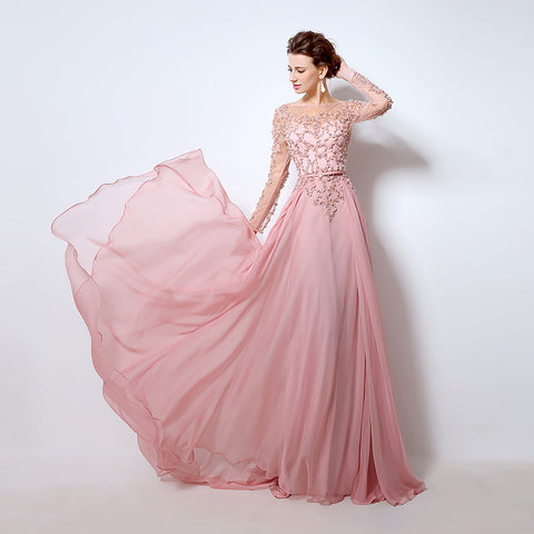Romantic Long - Sleeved Pink Gown with Embroidered Bodice and Flowing Tulle Prom Dress,LX051