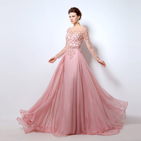 Romantic Long - Sleeved Pink Gown with Embroidered Bodice and Flowing Tulle Prom Dress,LX051