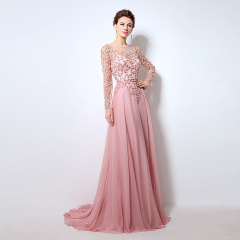 Romantic Long - Sleeved Pink Gown with Embroidered Bodice and Flowing Tulle Prom Dress,LX051