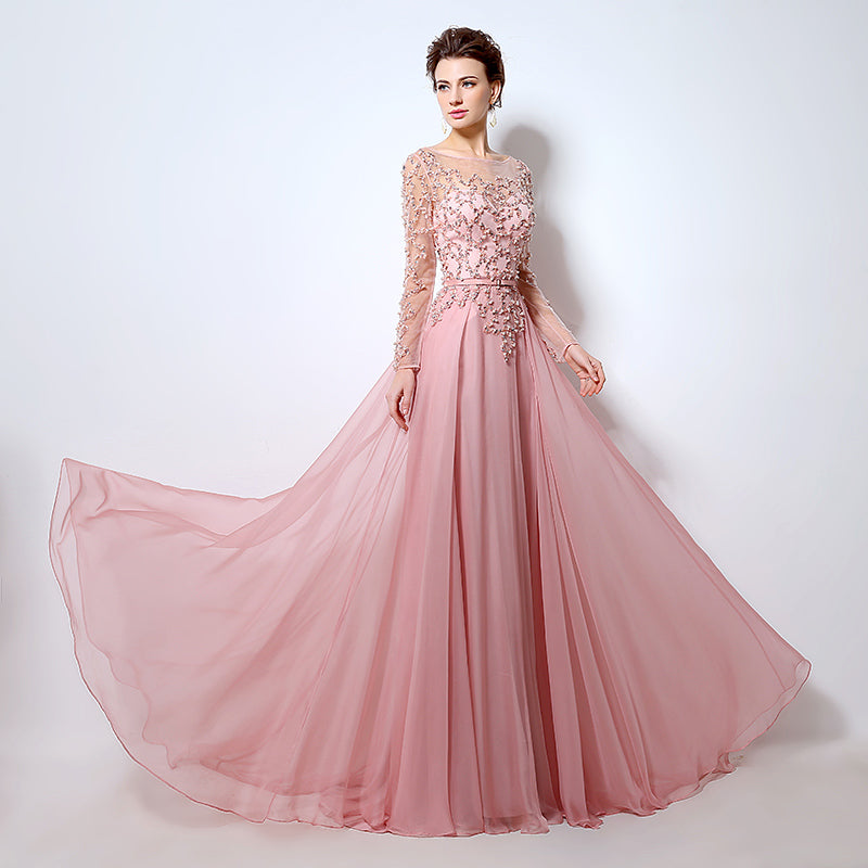 Romantic Long - Sleeved Pink Gown with Embroidered Bodice and Flowing Tulle Prom Dress,LX051