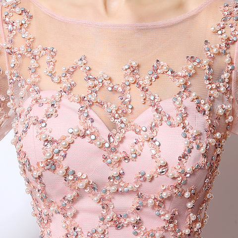 Romantic Long - Sleeved Pink Gown with Embroidered Bodice and Flowing Tulle Prom Dress,LX051