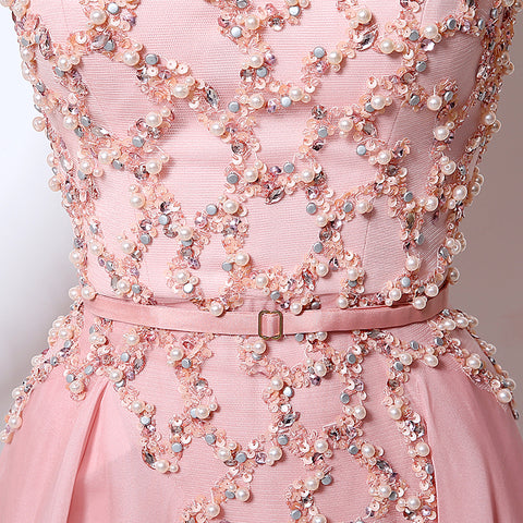 Romantic Long - Sleeved Pink Gown with Embroidered Bodice and Flowing Tulle Prom Dress,LX051