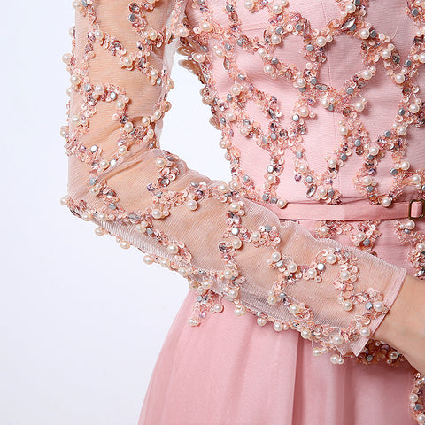 Romantic Long - Sleeved Pink Gown with Embroidered Bodice and Flowing Tulle Prom Dress,LX051