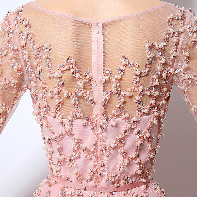 Romantic Long - Sleeved Pink Gown with Embroidered Bodice and Flowing Tulle Prom Dress,LX051