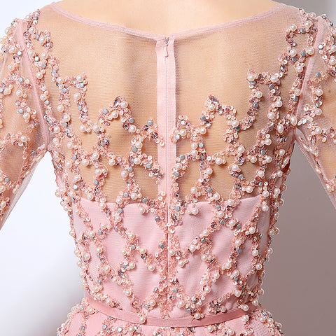 Romantic Long - Sleeved Pink Gown with Embroidered Bodice and Flowing Tulle Prom Dress,LX051