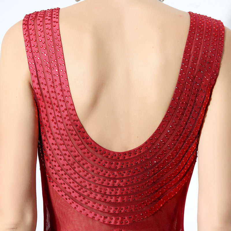 Stunning Sleeveless V - Neck Red Evening Gown with Intricate Pleated and Embroidered Detailing Prom Dress,LX062