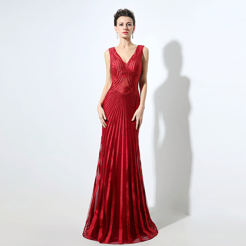 Stunning Sleeveless V - Neck Red Evening Gown with Intricate Pleated and Embroidered Detailing Prom Dress,LX062