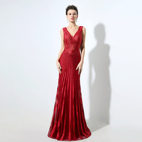 Stunning Sleeveless V - Neck Red Evening Gown with Intricate Pleated and Embroidered Detailing Prom Dress,LX062