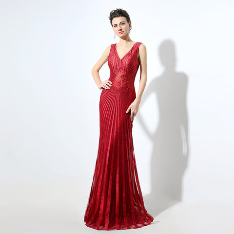 Stunning Sleeveless V - Neck Red Evening Gown with Intricate Pleated and Embroidered Detailing Prom Dress,LX062