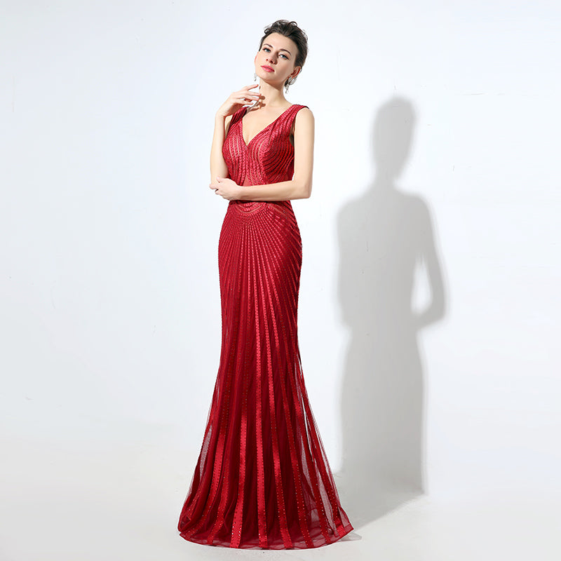 Stunning Sleeveless V - Neck Red Evening Gown with Intricate Pleated and Embroidered Detailing Prom Dress,LX062