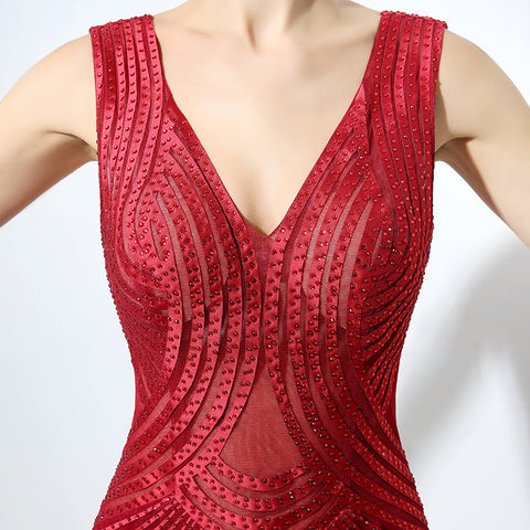 Stunning Sleeveless V - Neck Red Evening Gown with Intricate Pleated and Embroidered Detailing Prom Dress,LX062