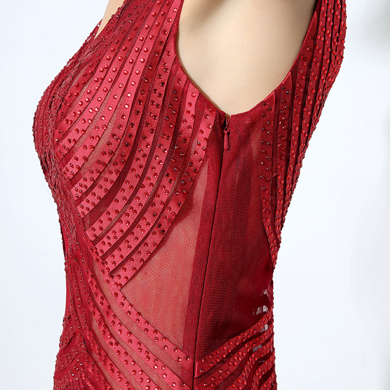 Stunning Sleeveless V - Neck Red Evening Gown with Intricate Pleated and Embroidered Detailing Prom Dress,LX062