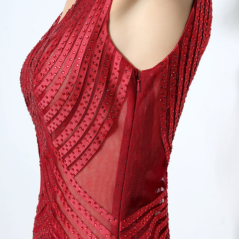 Stunning Sleeveless V - Neck Red Evening Gown with Intricate Pleated and Embroidered Detailing Prom Dress,LX062