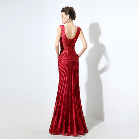 Stunning Sleeveless V - Neck Red Evening Gown with Intricate Pleated and Embroidered Detailing Prom Dress,LX062