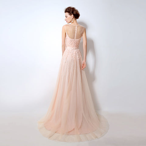 Elegant Sleeveless Illusion - Neckline Tulle Evening Gown with Delicate Embroidered Detailing Prom Dress,LX065