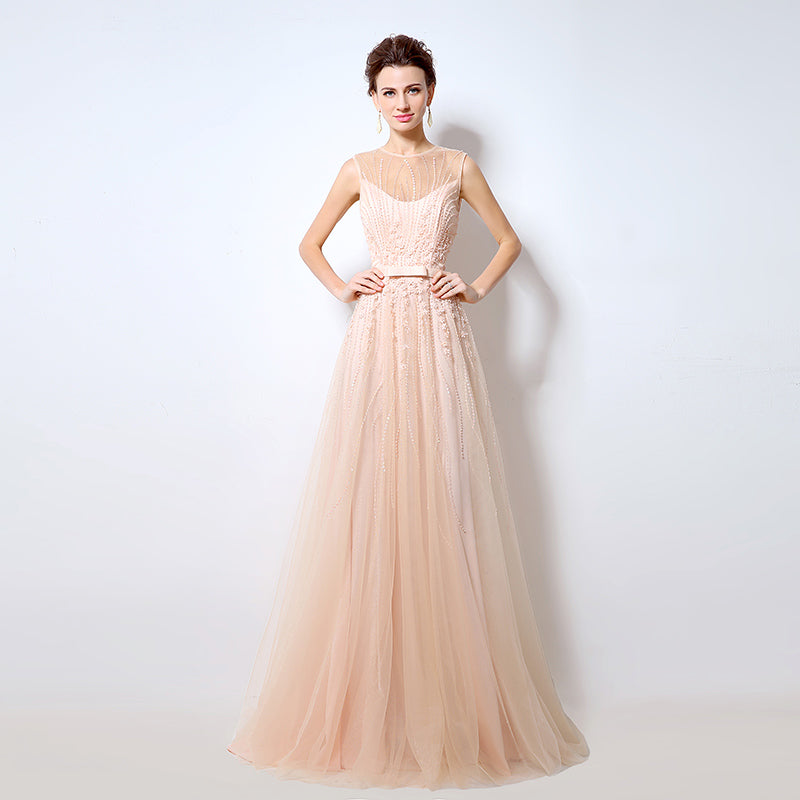 Elegant Sleeveless Illusion - Neckline Tulle Evening Gown with Delicate Embroidered Detailing Prom Dress,LX065