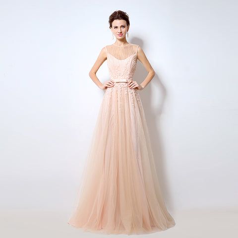 Elegant Sleeveless Illusion - Neckline Tulle Evening Gown with Delicate Embroidered Detailing Prom Dress,LX065