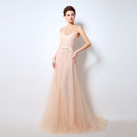 Elegant Sleeveless Illusion - Neckline Tulle Evening Gown with Delicate Embroidered Detailing Prom Dress,LX065